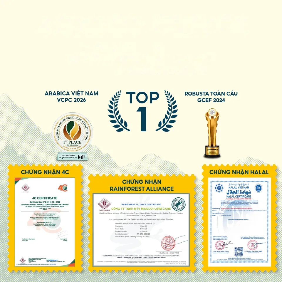 Aeroco Coffee – thương hiệu cà phê đặc sản 8 năm liền Vietnam Amazing Cup; Top 1 Arabica Việt Nam VCPC 2026, Top 1 Robusta toàn cầu GCEF 2024; chứng nhận 4C, Rainforest Alliance, Halal