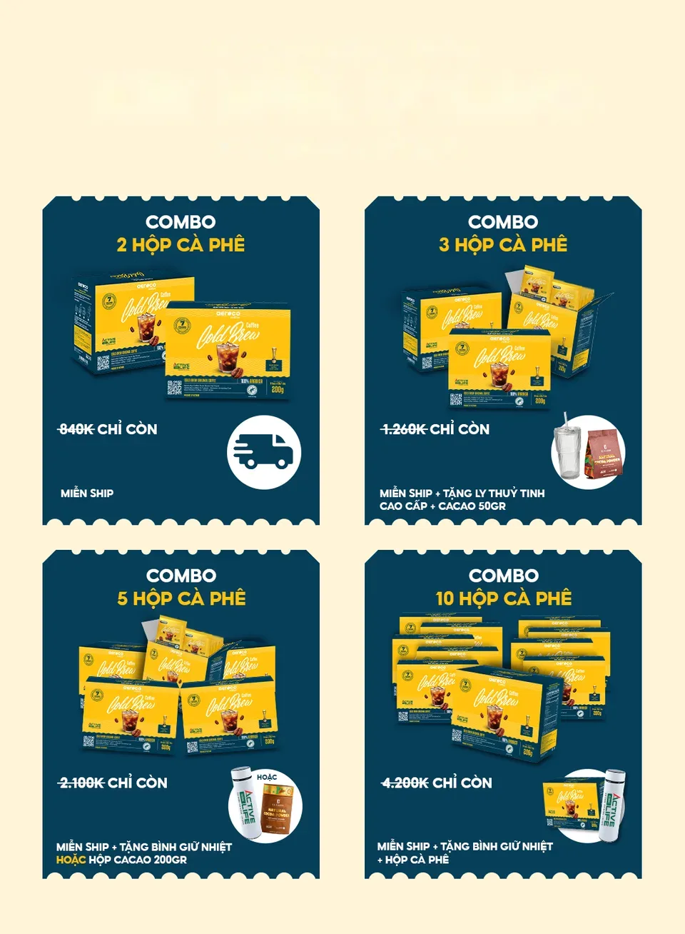 Ưu đãi độc quyền khi mua combo: Combo 2 hộp 550K miễn ship; Combo 3 hộp 825K tặng ly thủy tinh + cacao 50g; Combo 5 hộp 1.350K tặng bình giữ nhiệt hoặc hộp cacao 200g; Combo 10 hộp 2.650K tặng bình giữ nhiệt + 1 hộp cà phê
